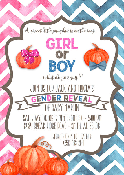 Gender Reveal Invitation Featuring Watercolor Pumpkins