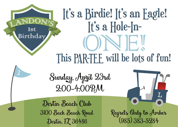 Golf Themed Birthday Invitation - Featuring A Personalized Golf Cart!