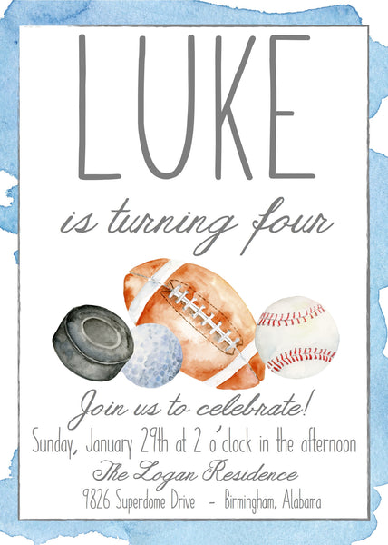 Watercolor - Inspired Sports Invitation - 3 different choices!