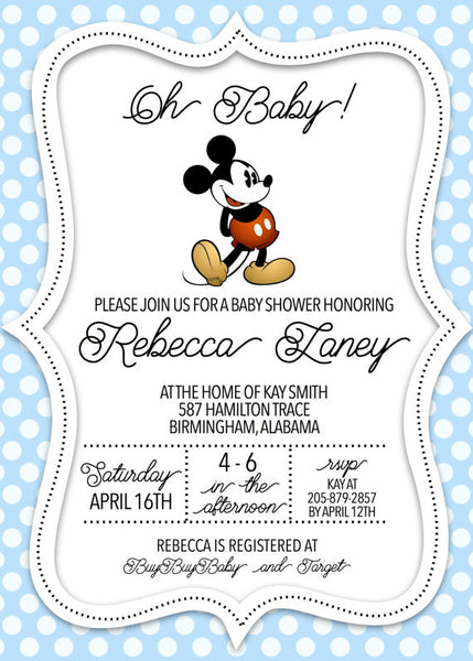 Baby Shower Invitation Featuring Vintage Mickey Mouse