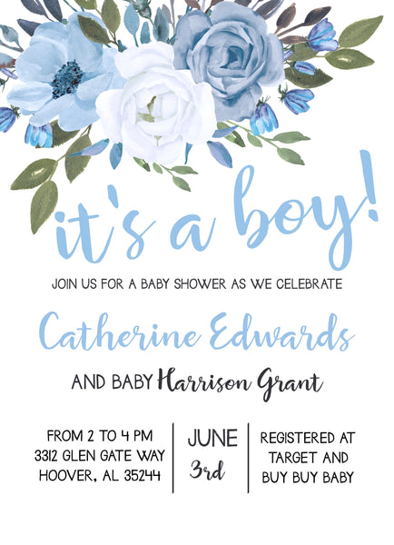 It's A Boy Watercolor Floral Invitation