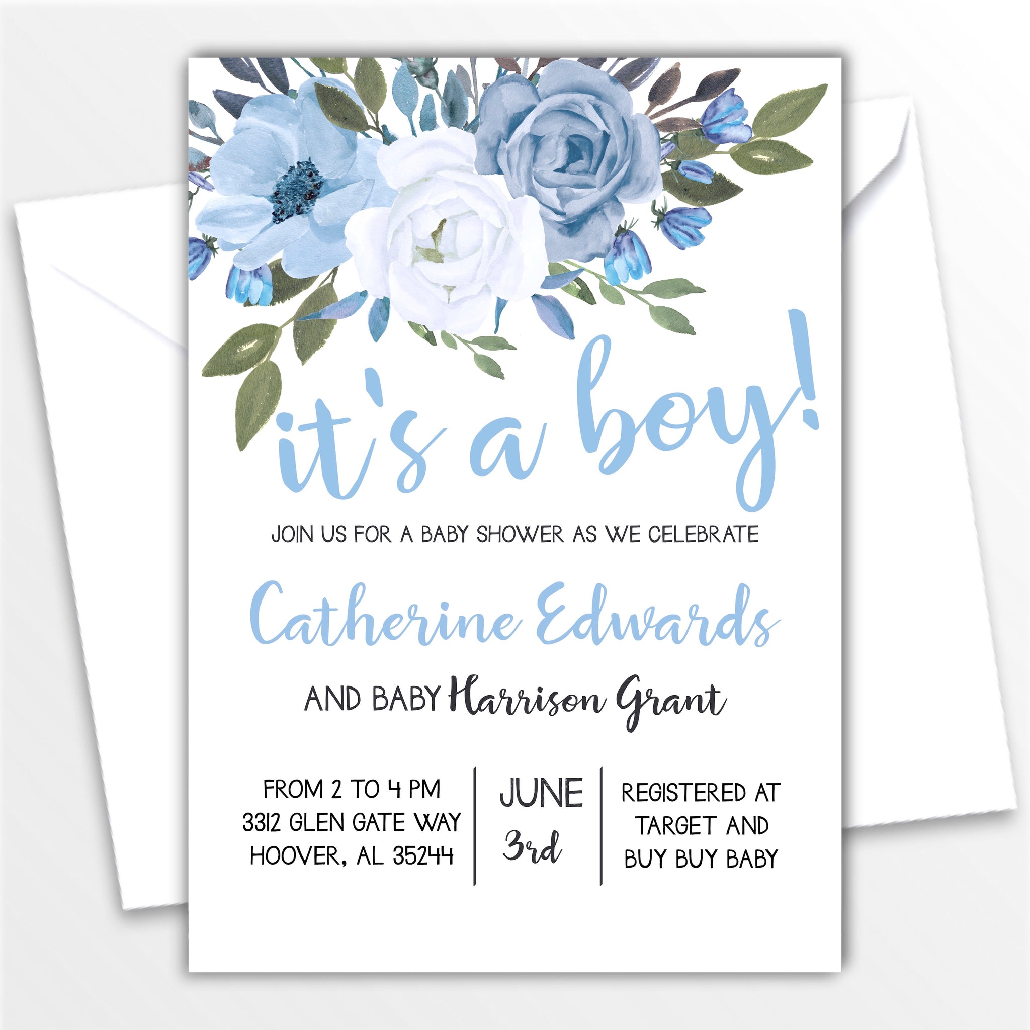 It's A Boy Watercolor Floral Invitation