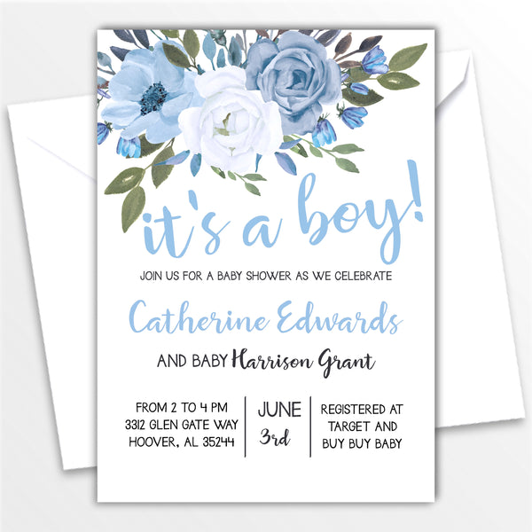 It's A Boy Watercolor Floral Invitation