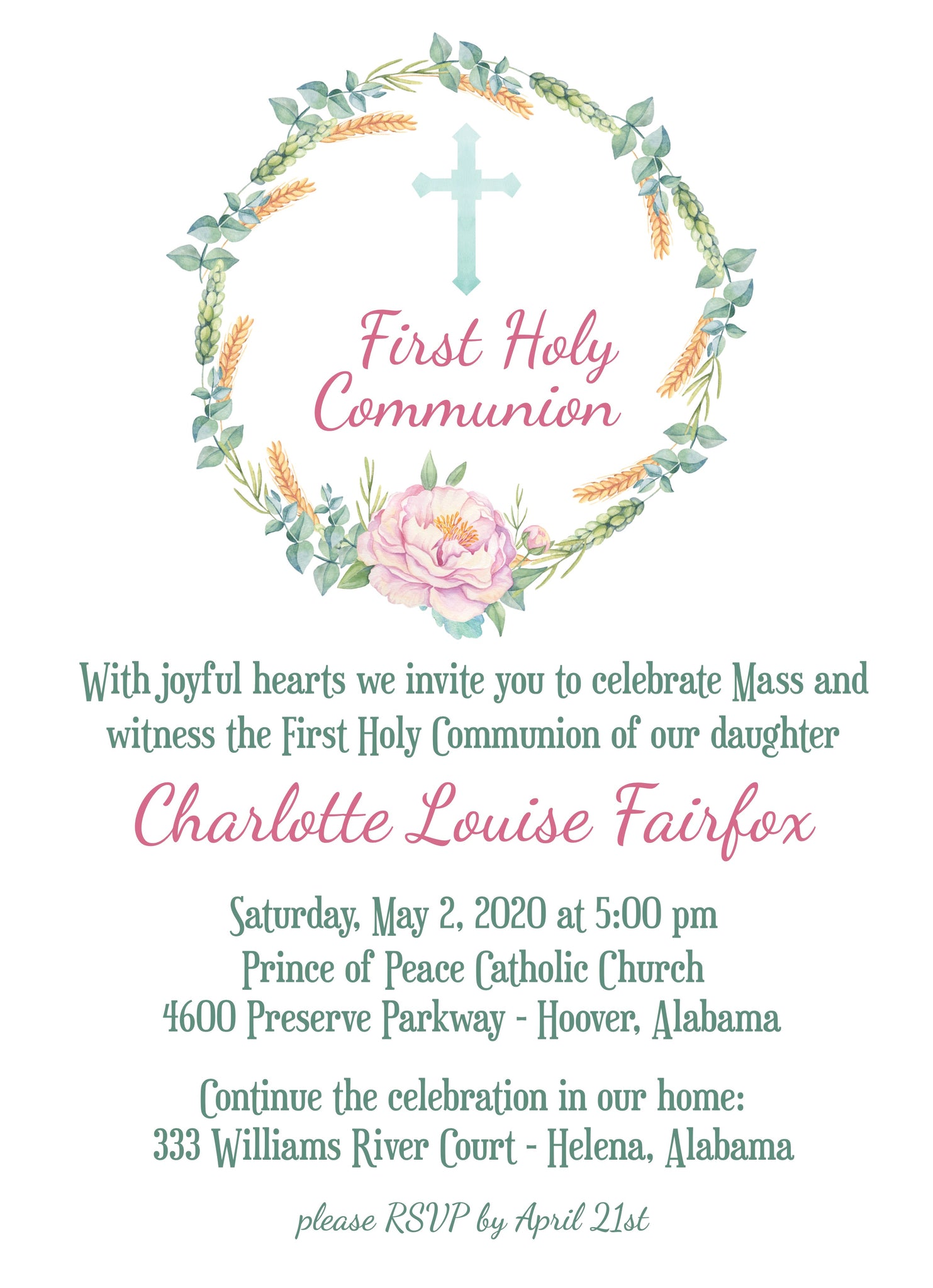 First Communion Baptism Christening Personalized Invitation