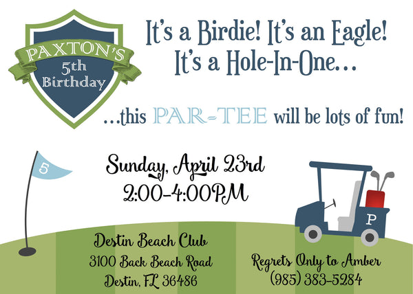 Golf Themed Birthday Invitation - Featuring A Personalized Golf Cart!