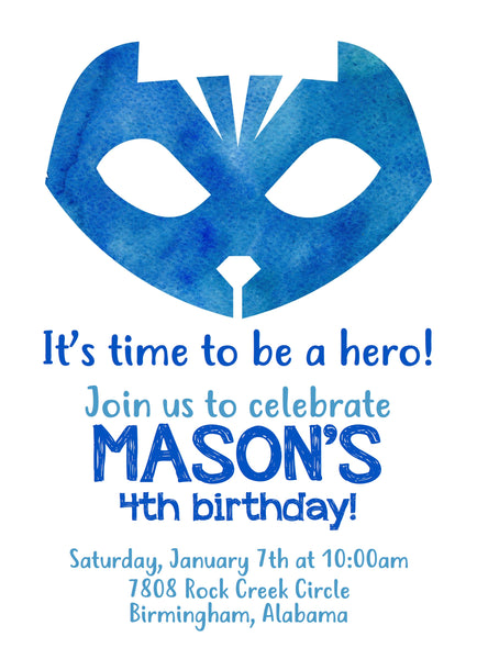 PJ Masks Characters Watercolor Birthday Invitations