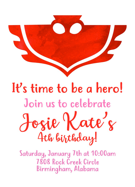 PJ Masks Characters Watercolor Birthday Invitations