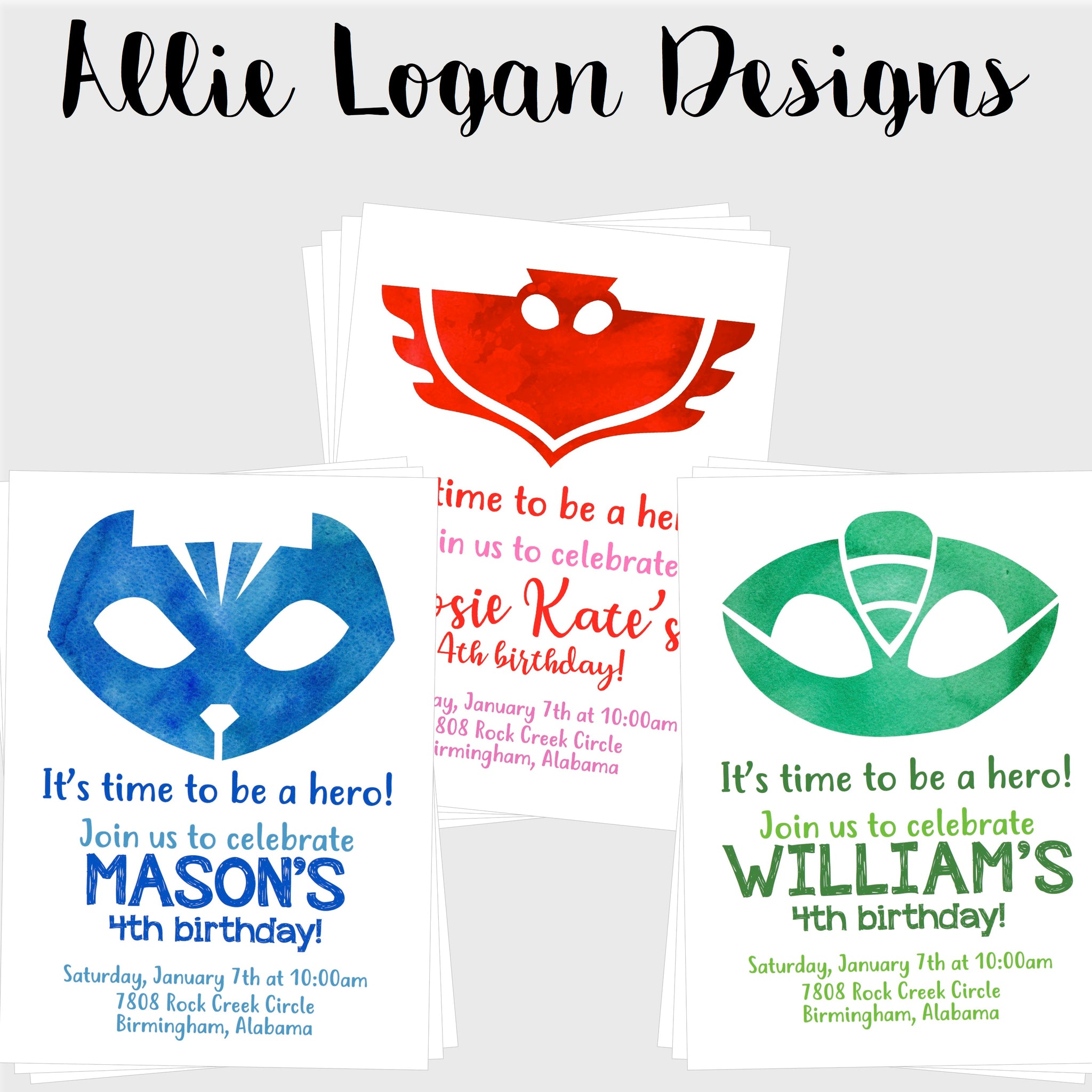 PJ Masks Characters Watercolor Birthday Invitations