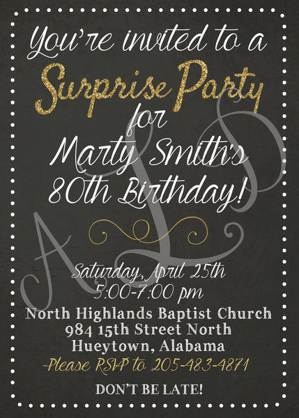 Surprise Birthday Invitations - Swirled Glitter Font