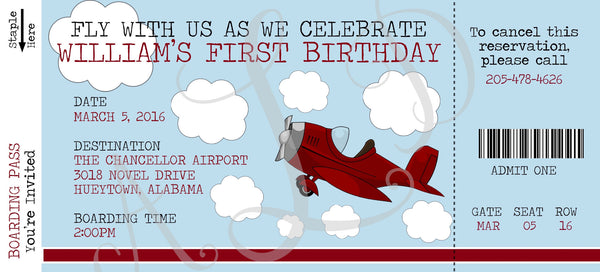 Airplane or Train (not pictured) Boarding Pass Birthday Invitation
