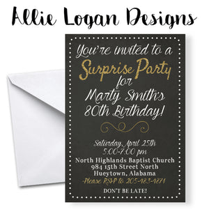 Surprise Birthday Invitations - Swirled Glitter Font