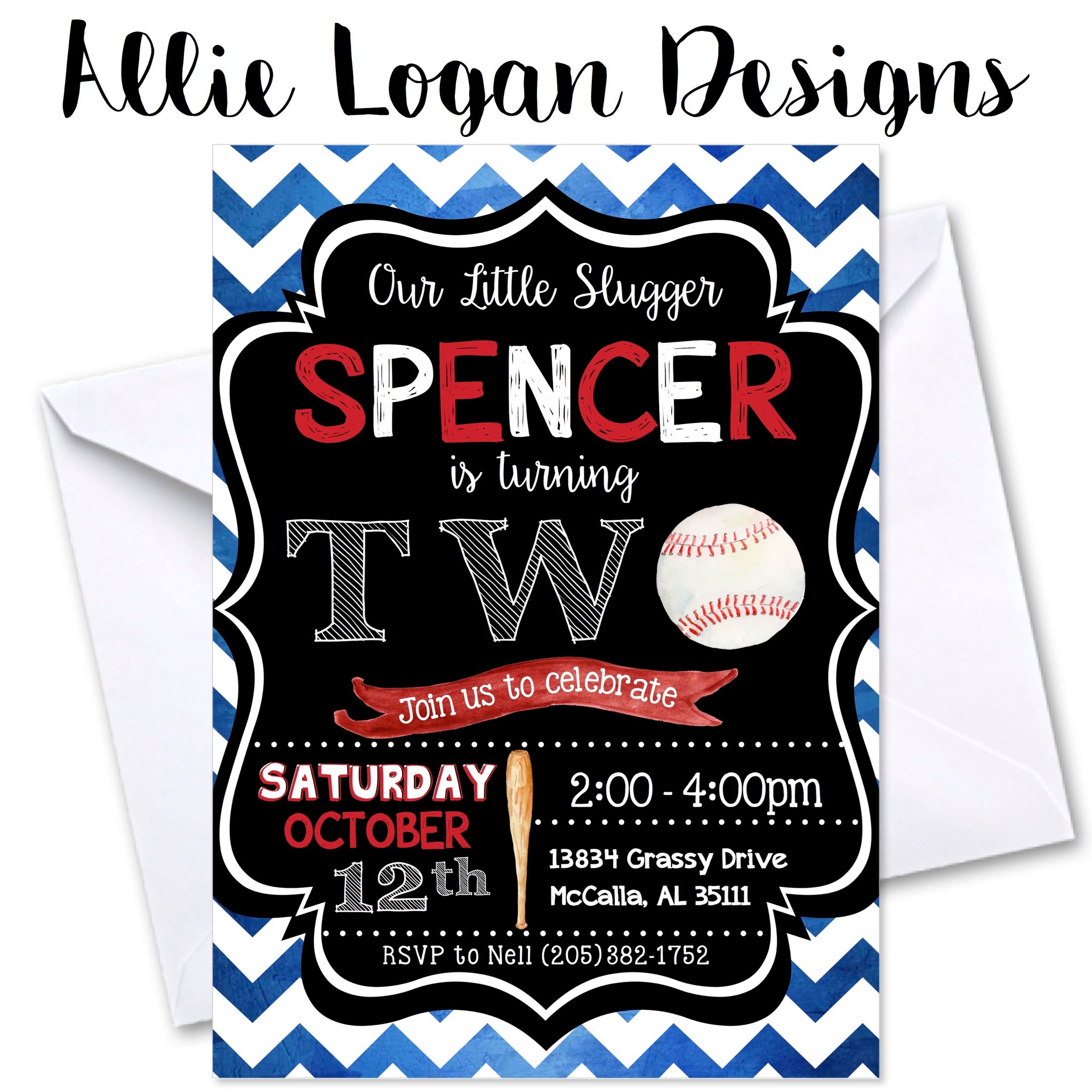 Baseball Chevron Watercolor Invitation