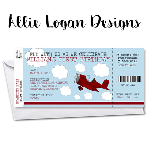 Airplane or Train (not pictured) Boarding Pass Birthday Invitation