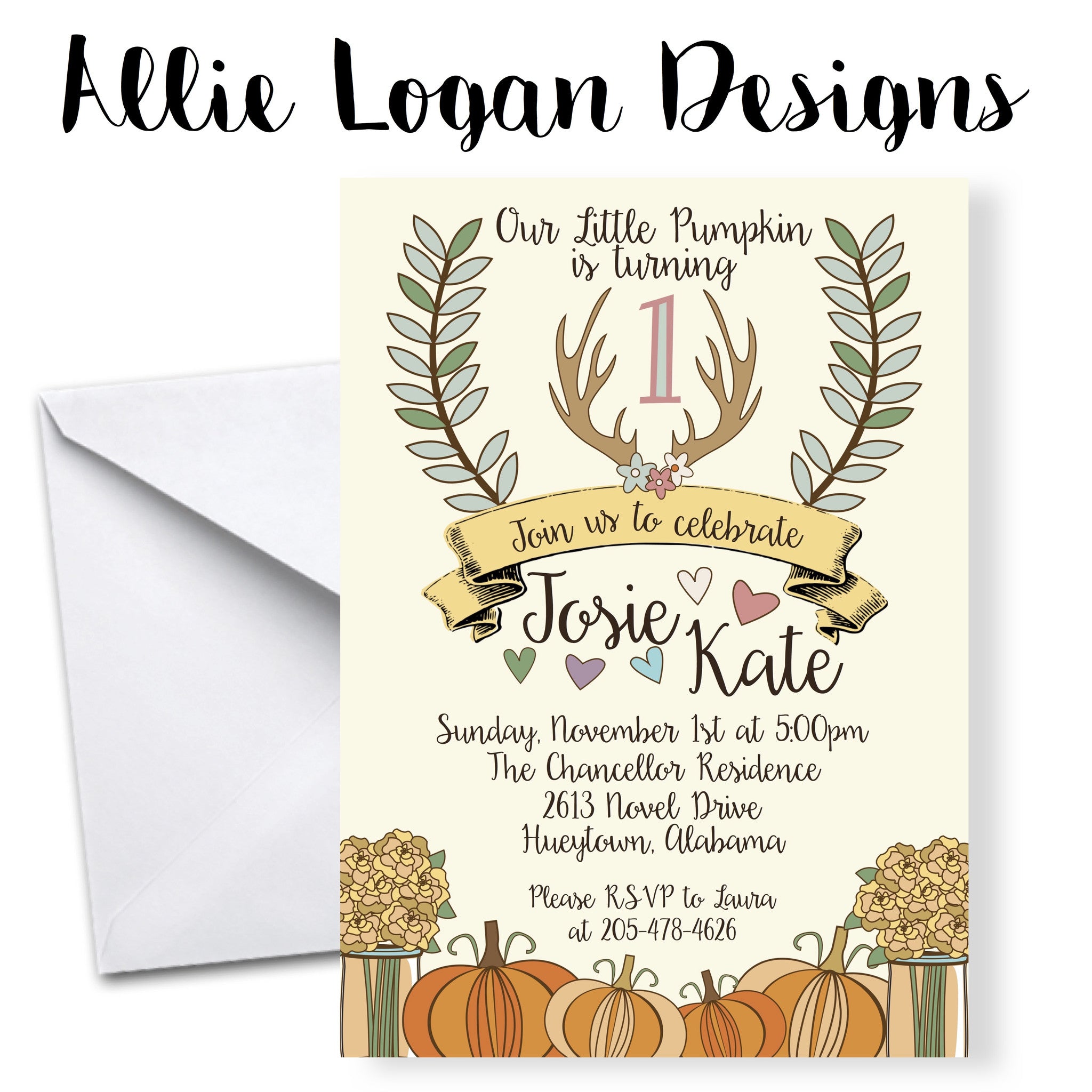Fall Harvest Themed Birthday Invitations with Pumpkins