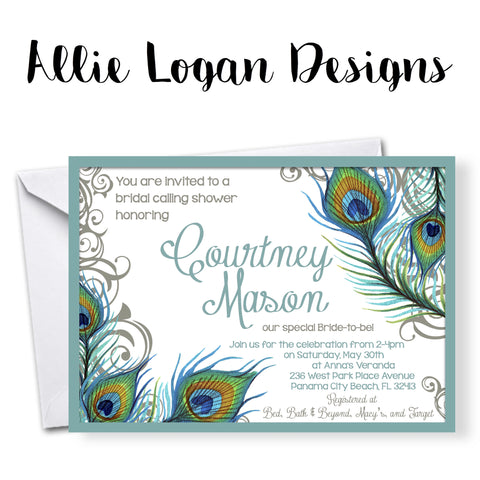 Bridal Shower or Wedding Party Invitation - Peacock Feathers