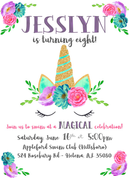 Watercolor Glittery Unicorn Invitation