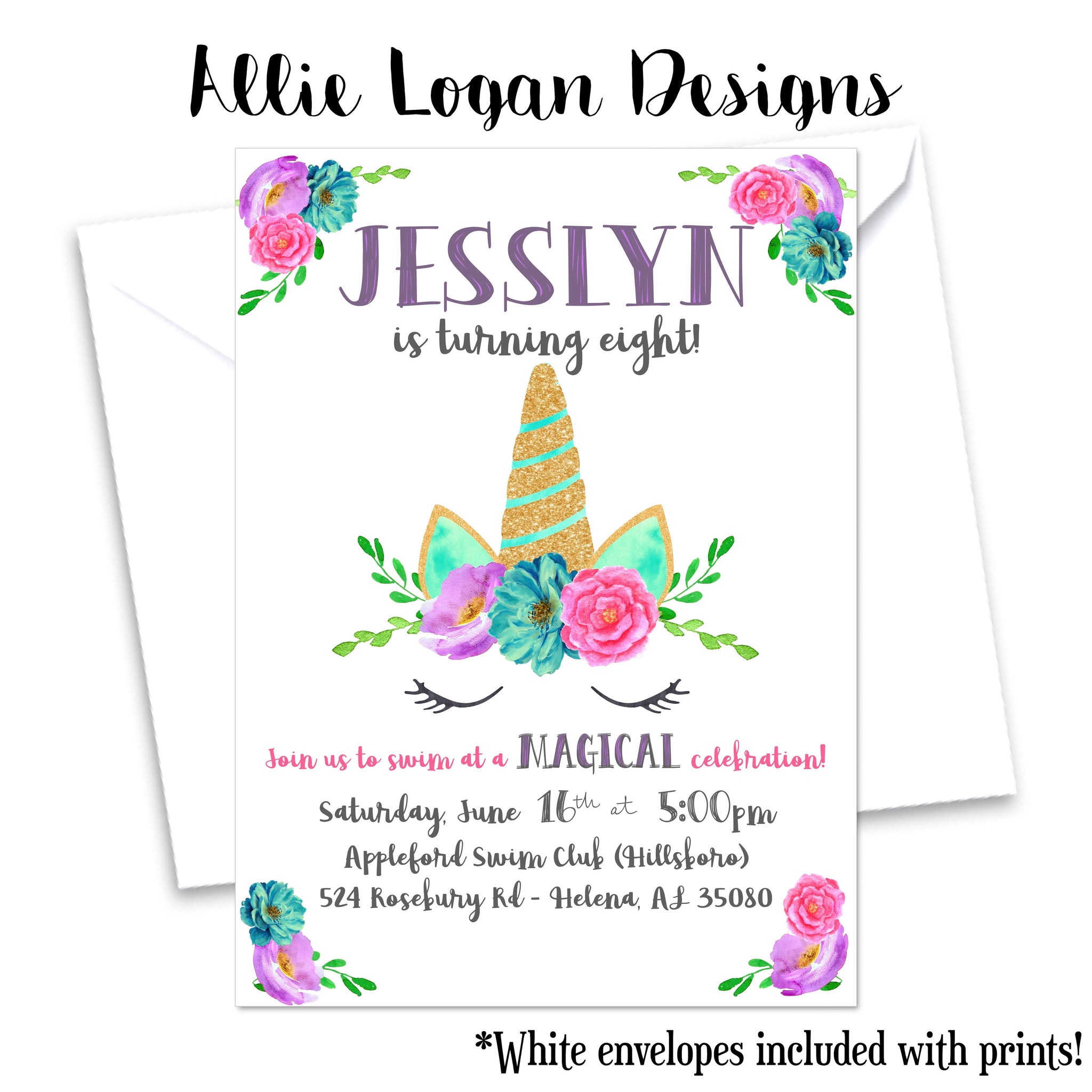Watercolor Glittery Unicorn Invitation