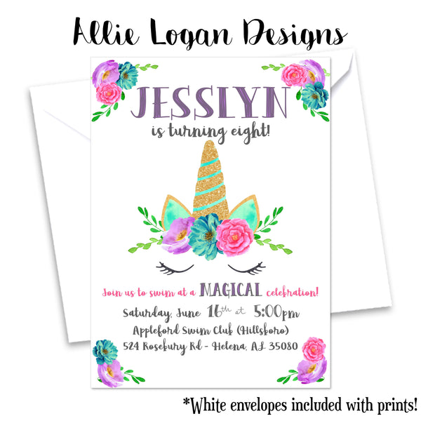 Watercolor Glittery Unicorn Invitation